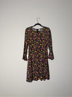 Old Navy Black Floral A-Line Dress with Pink & Yellow Blooms Size M